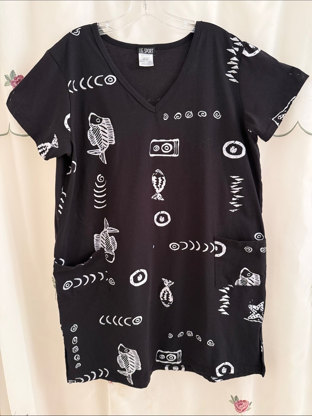 Black V-Neck Midi Dress with White Fish Print